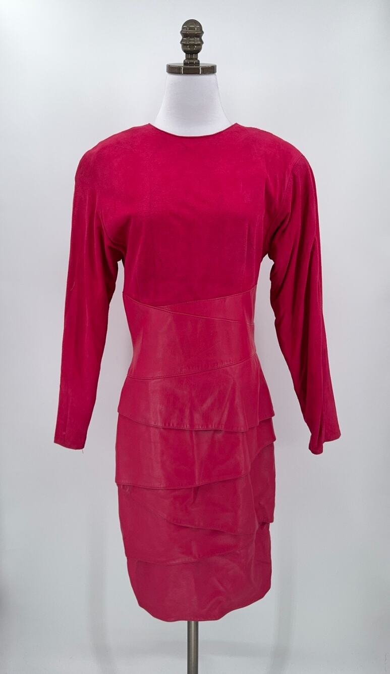 Vintage 80s Vakko Vibrant Magenta Leather Suede Layered Dress Long Sleeve Sz 10